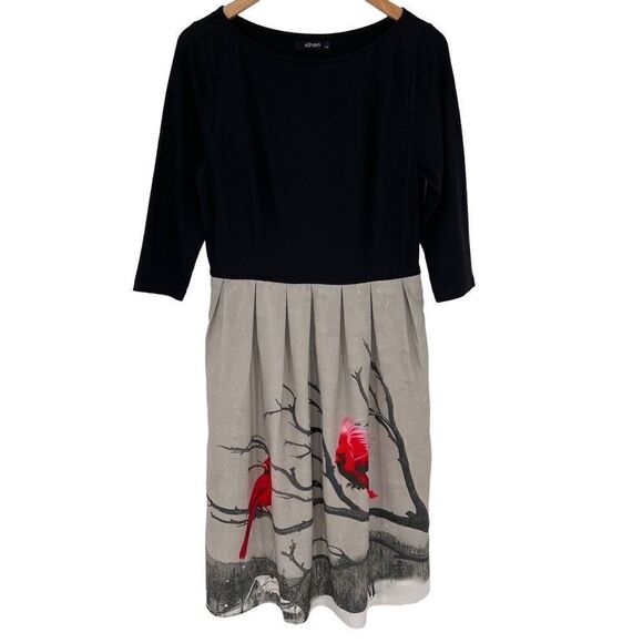 eShakti Mixed Media Midi Dress Cardinal Landscape Black Gray Women Large 12 - Picture 1 of 8
